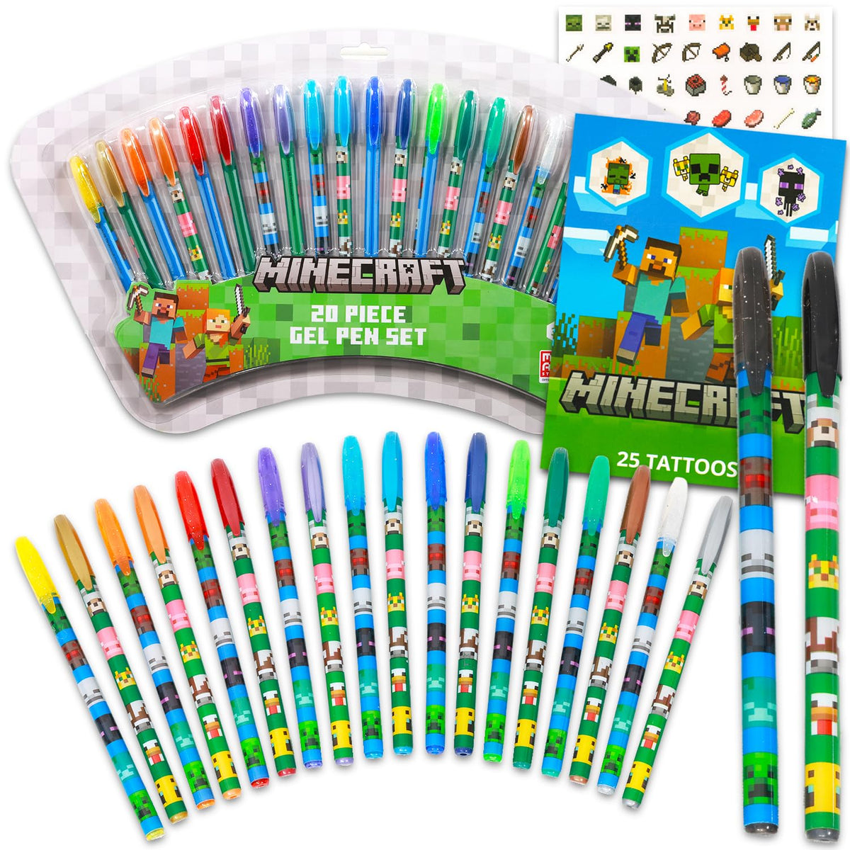 Minecraft Gel Pen Set with 20 colorful pens for drawing and coloring.
