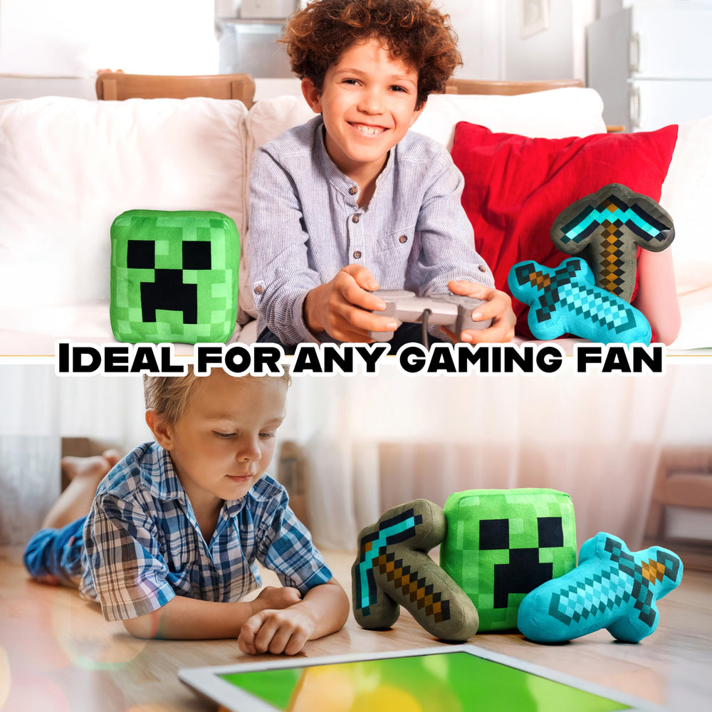 Three-pack Minecraft plush set for toddler beds and playrooms
