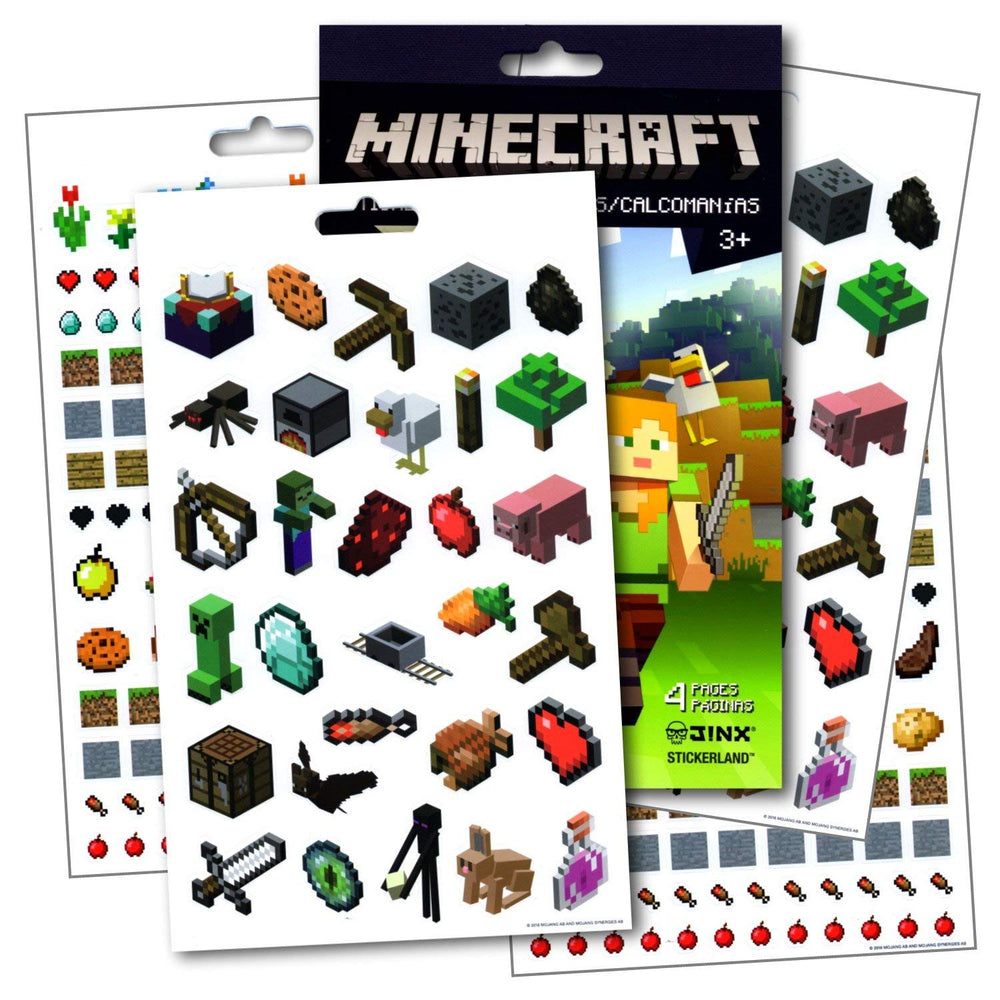 Minecraft sticker pages display four themed sheets, ideal for motivation charts and crafts.