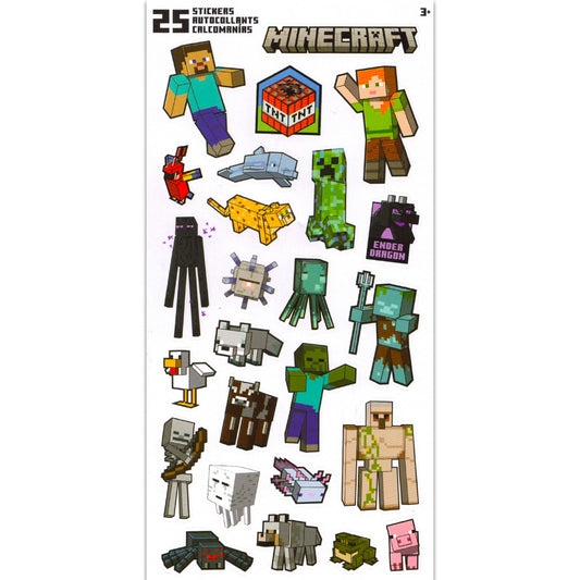 Minecraft sticker sheets featuring Steve, Alex, and mobs, ideal for party favors and goodie bags.