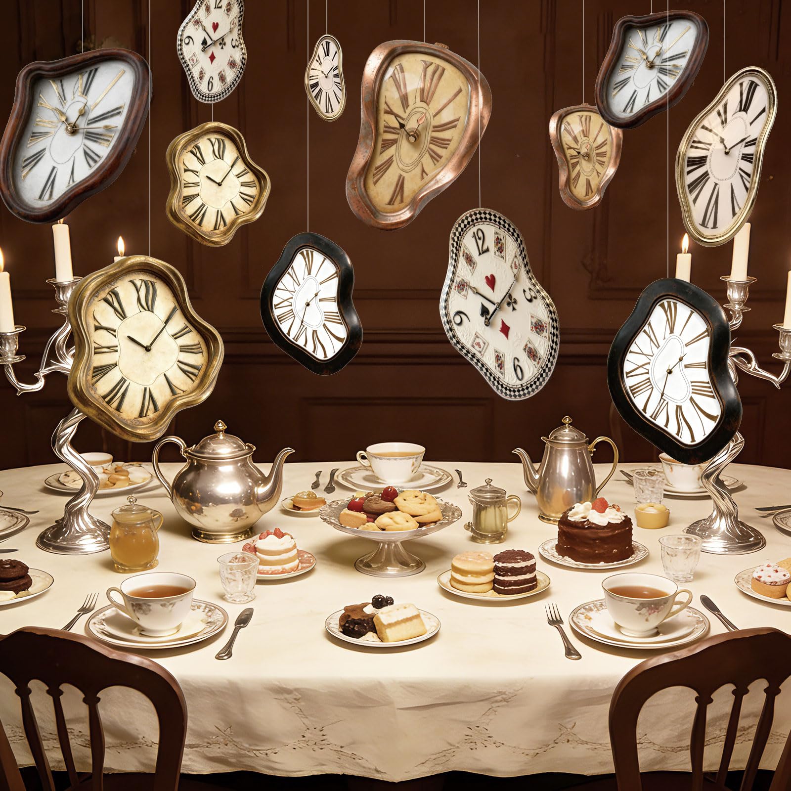 MinFyberd colorful melting clocks create a whimsical focal point.