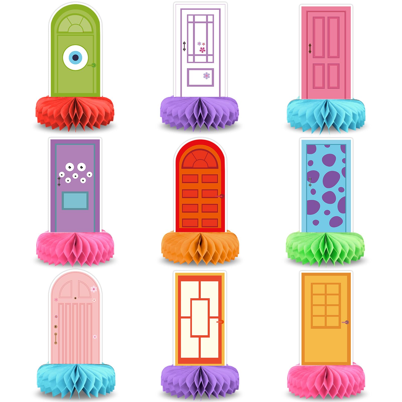 MinFyberd monster door-shaped cutouts brighten party decor with playful eyes.