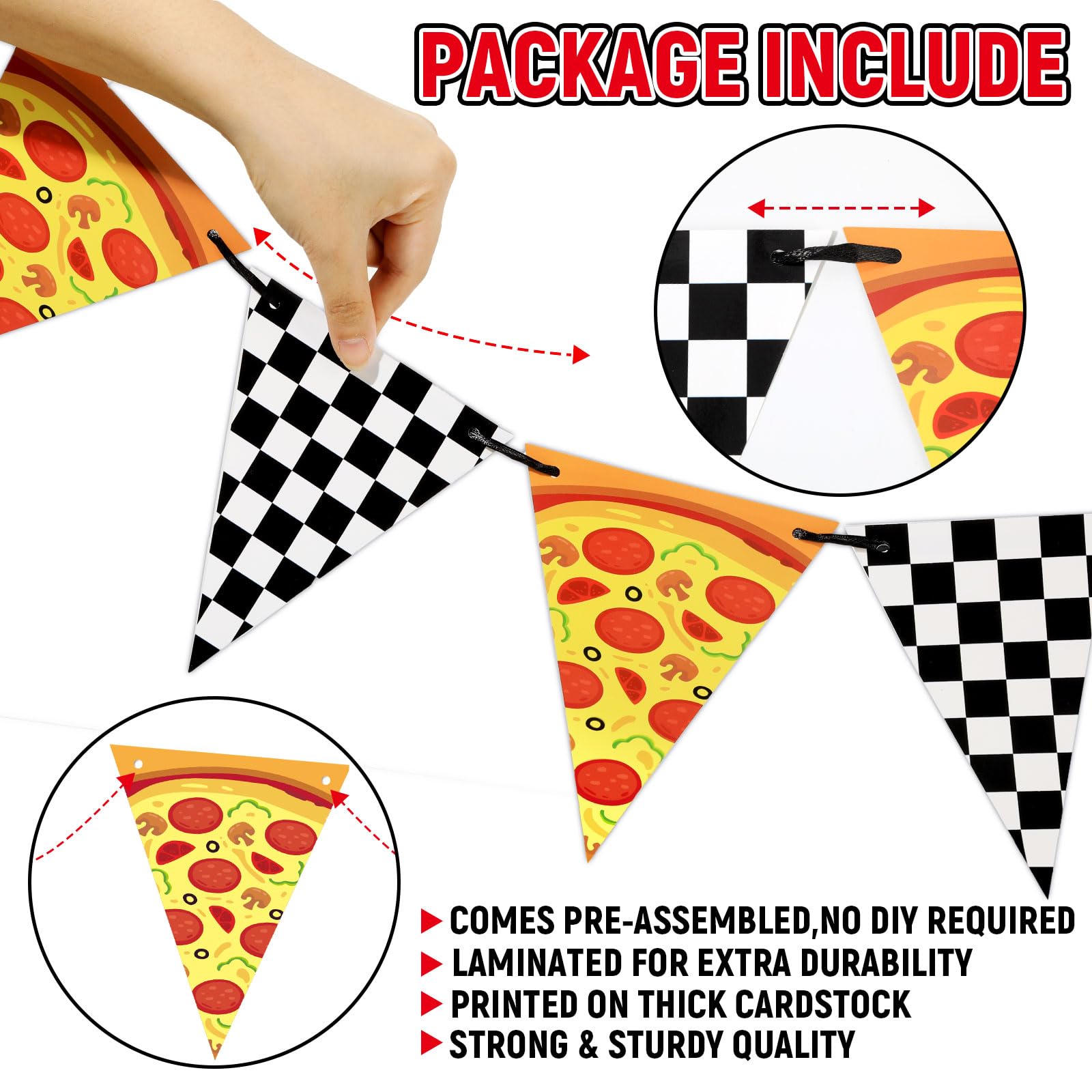 MinFyberd pizza element pennants brighten the display and spark party memories.