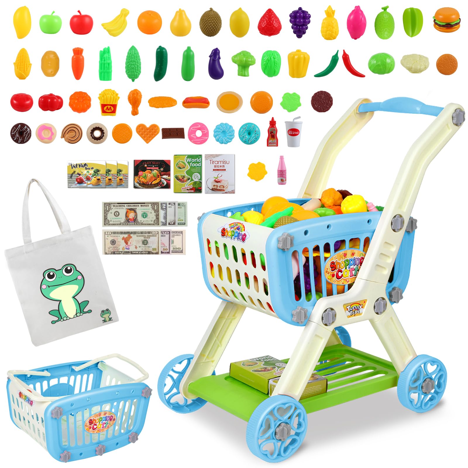 Ming You Kids Shopping Cart 2-in-1 blue, ideal for imaginative shopping play and motor skill growth.