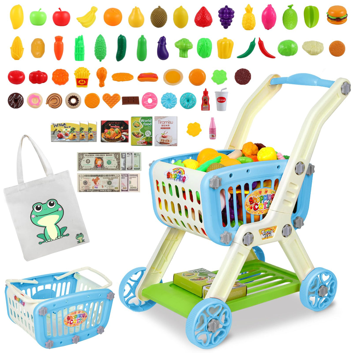 Ming You Kids Shopping Cart 2-in-1 blue, ideal for imaginative shopping play and motor skill growth.
