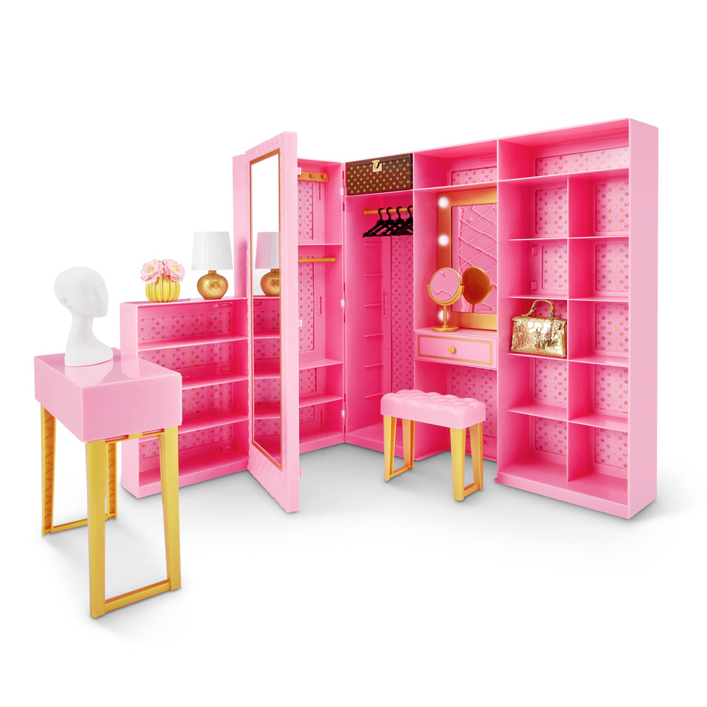 Wardrobe with 25+ storage areas keeps doll outfits organized