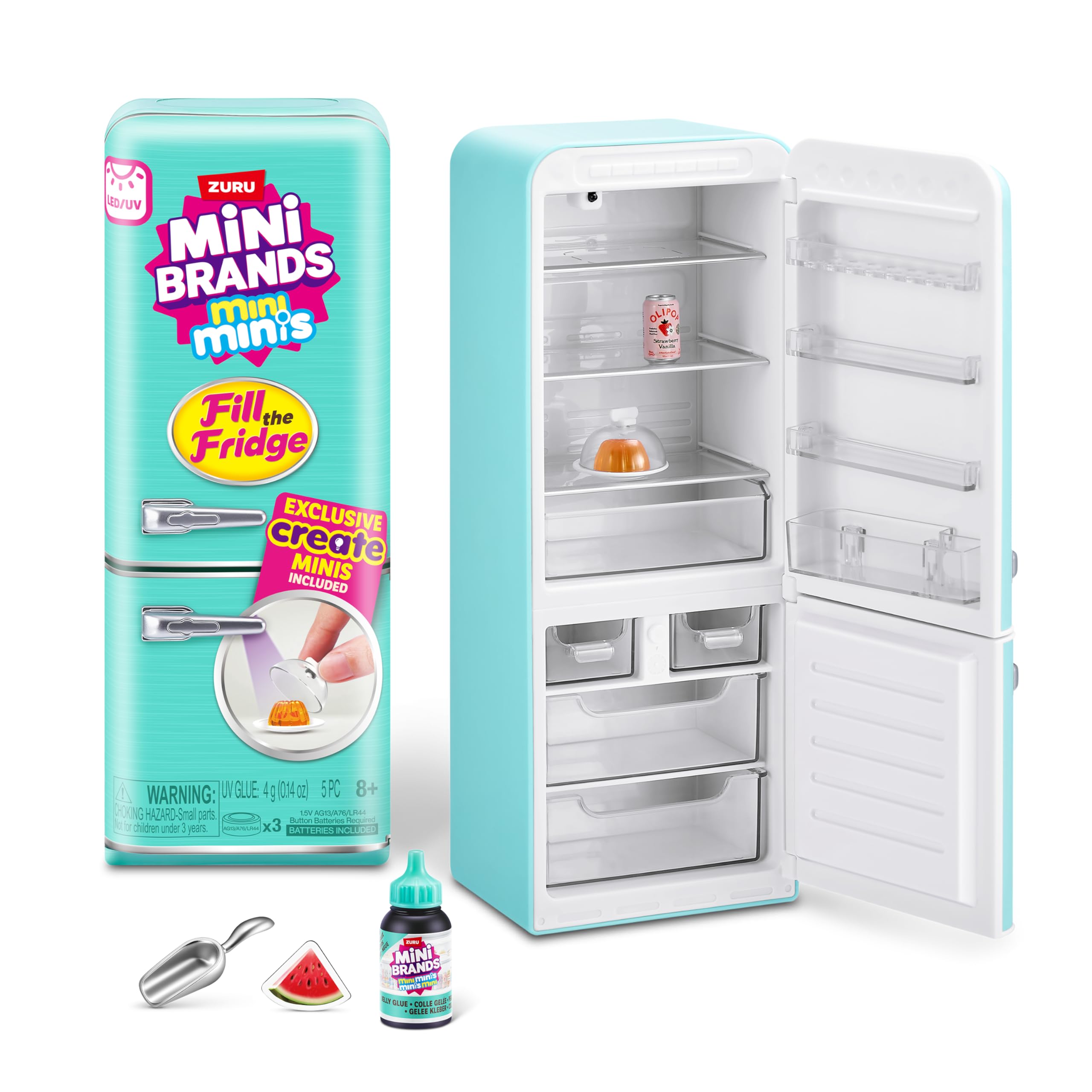 Mini Brands Fill The Fridge front view with magnets and shelves for display.