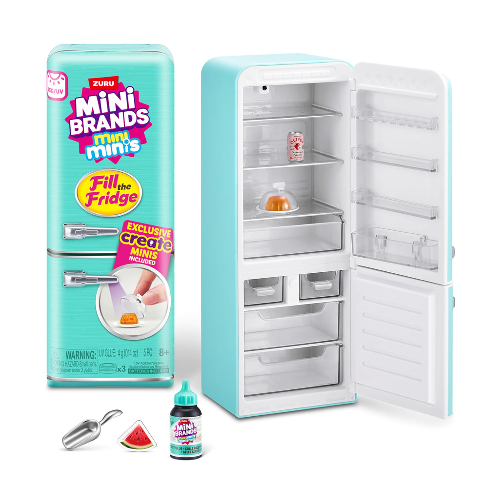 Mini Brands Fill The Fridge front view with magnets and shelves for display.