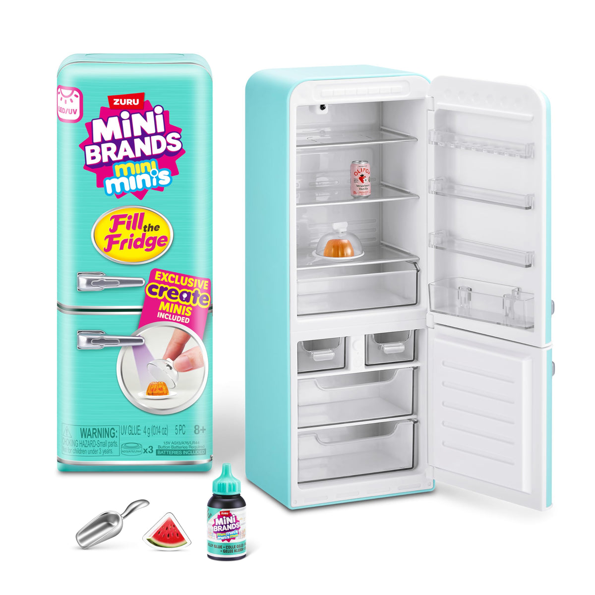 Mini Brands Fill The Fridge front view with magnets and shelves for display.