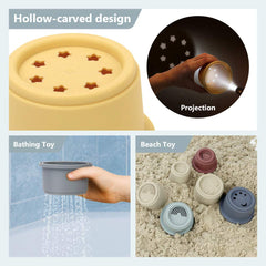 Mini Tudou colorful cups promote fine motor skills during water play and shower time.