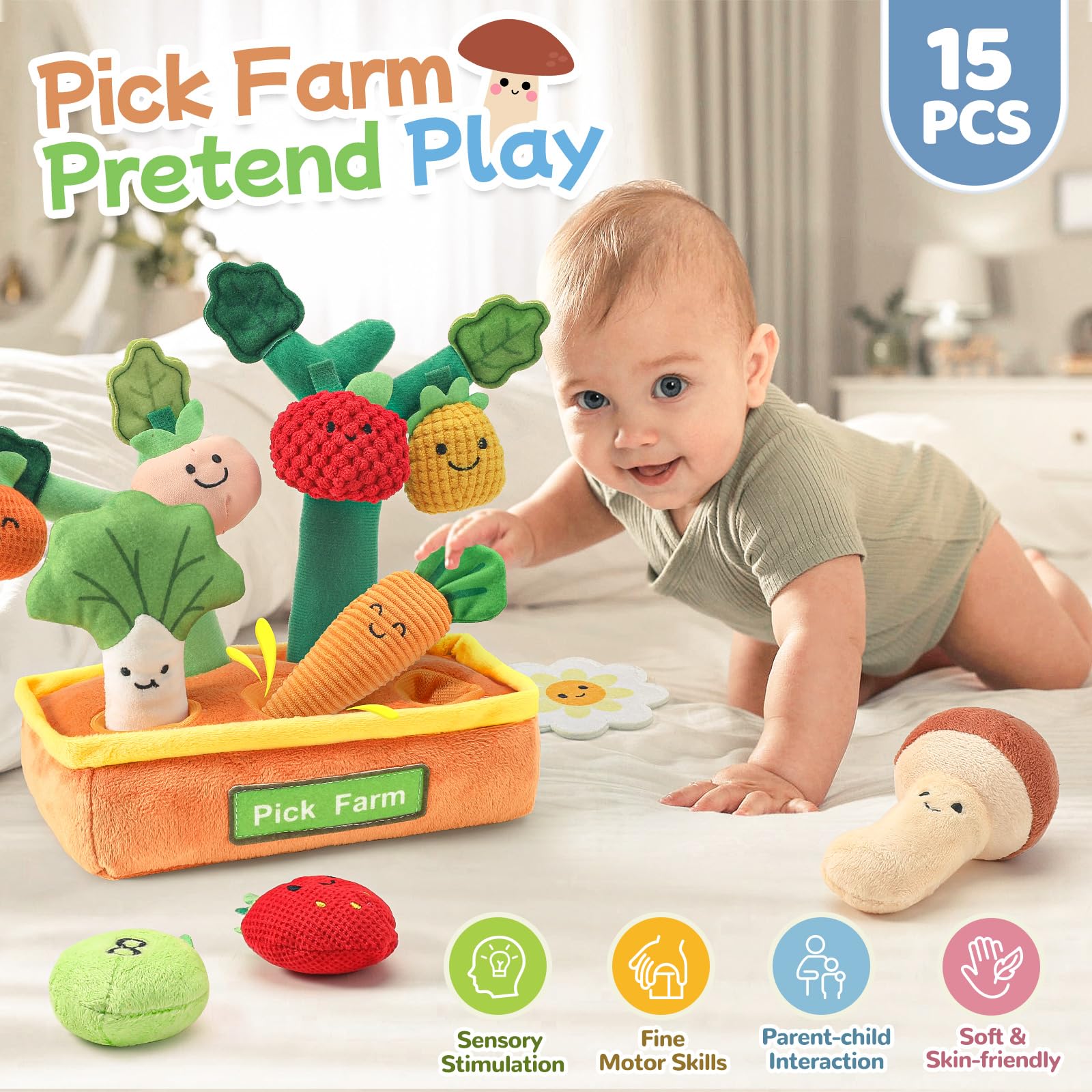 Mini Tudou carrot rustle squeaker toy promotes tactile discovery during playtime.