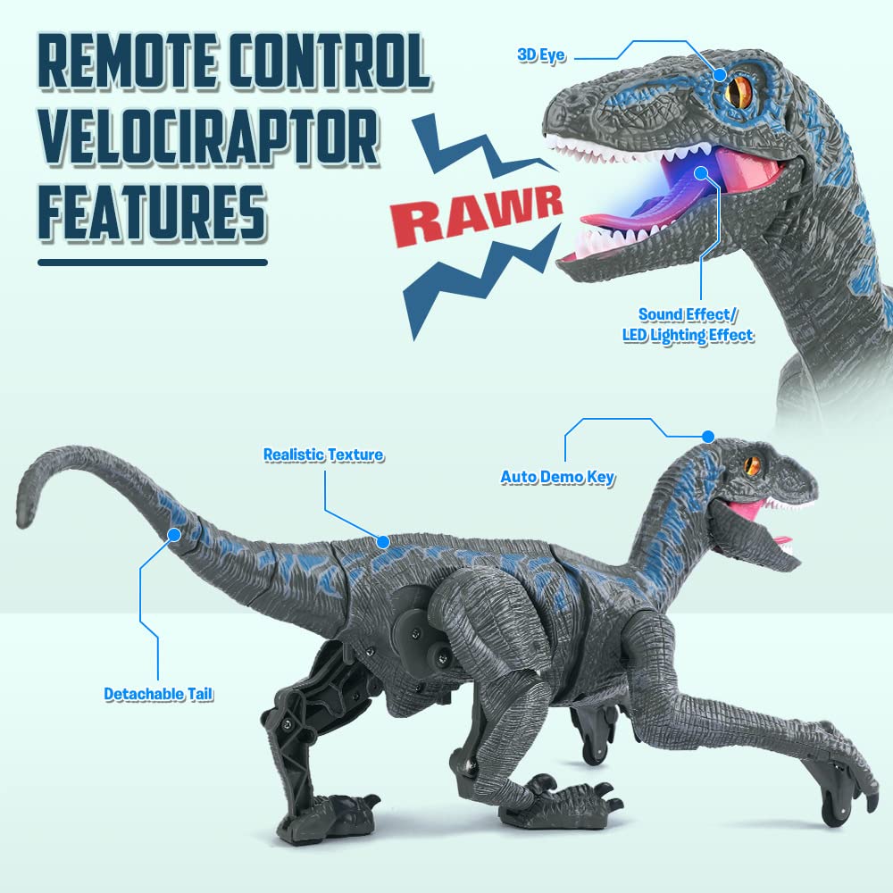 Mini Tudou velociraptor roaring with blue LED light for dramatic play.