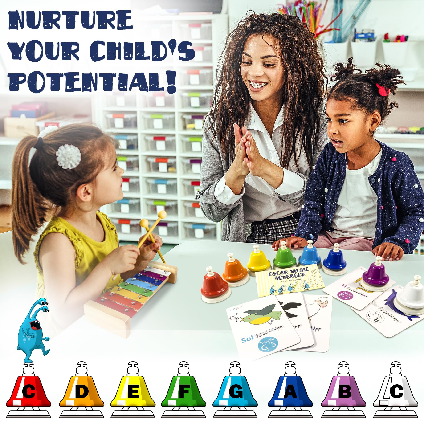 MINIARTIS color-coded diatonic bells support step-by-step song practice.
