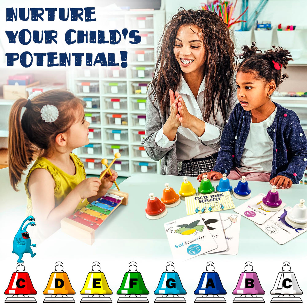 MINIARTIS color-coded diatonic bells support step-by-step song practice.