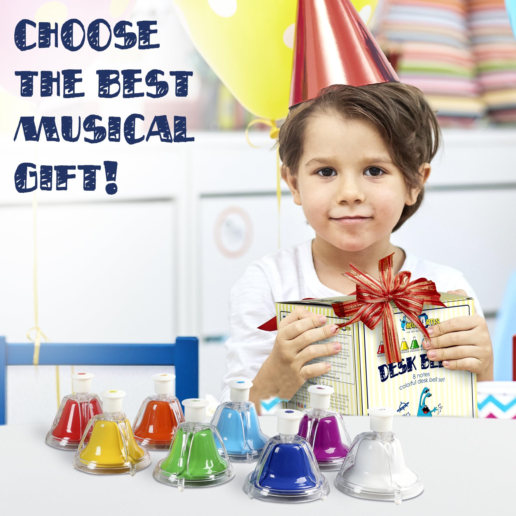 Rainbow color coding helps recognition and rhythm with MINIARTIS bells.