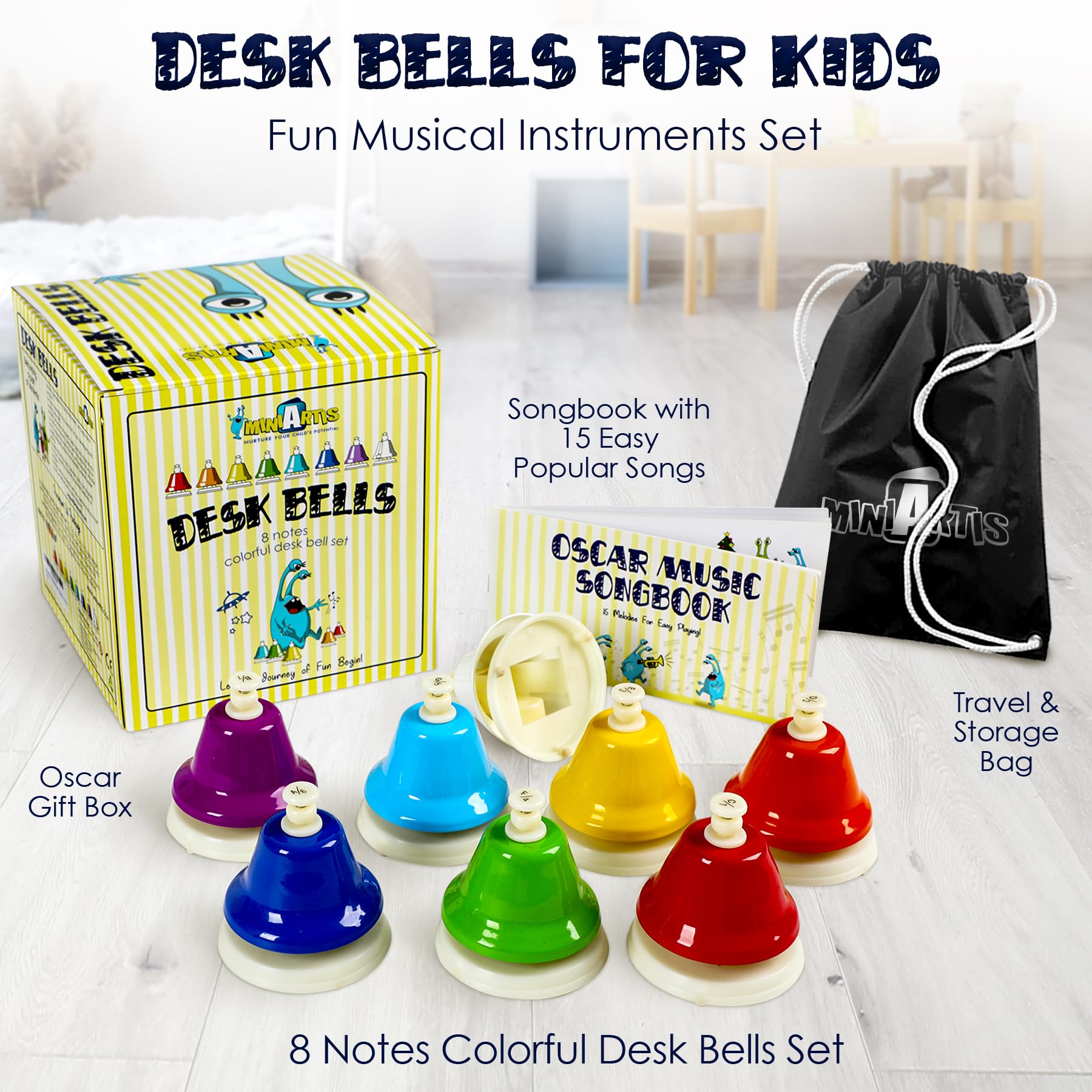 MINIARTIS kids desk bells colorful tones support color-coded learning and rhythm.