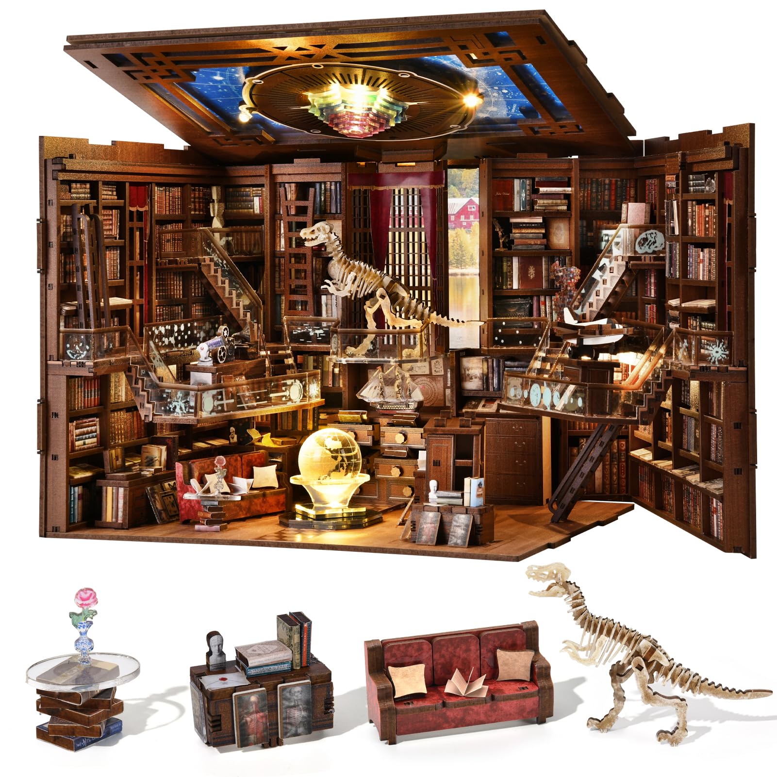 MiniCity Book Nook Kit with LED light creates a cozy desk display.