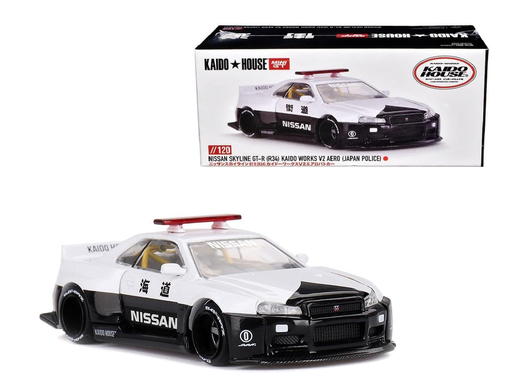 Mini GT Skyline GT-R R34 Kaido Works V2 Aero front view highlights authentic scale detailing.