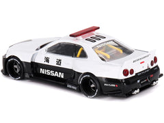 Mini GT Skyline GT-R R34 Kaido Works V2 Aero police livery for display and collection.