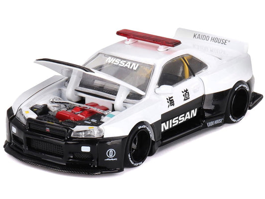 Mini GT Skyline GT-R R34 Kaido Works V2 Aero rear view shows precision styling and chassis lines.