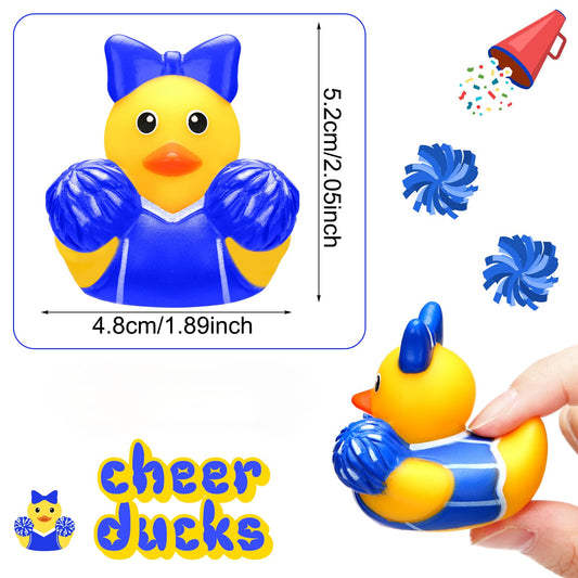 MiniInflat blue bow cheer duck closeup, durable rubber for long-lasting team gifts.