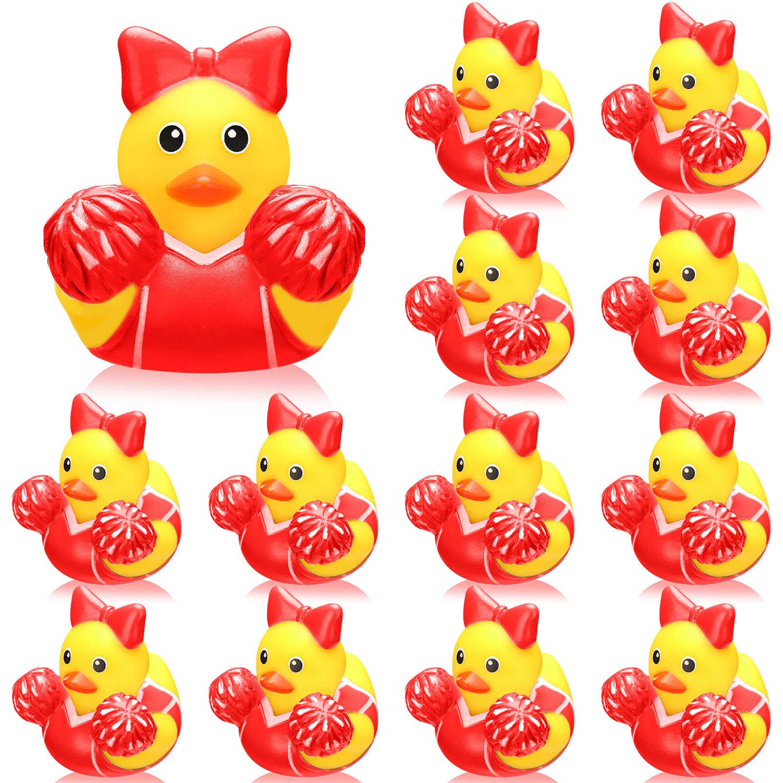 MiniInflat cheer ducks with red bows boost team morale at practice.