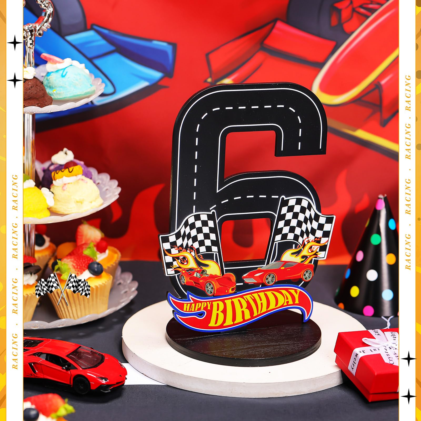 MiniInflat photo prop race car table setting for memorable party photos.