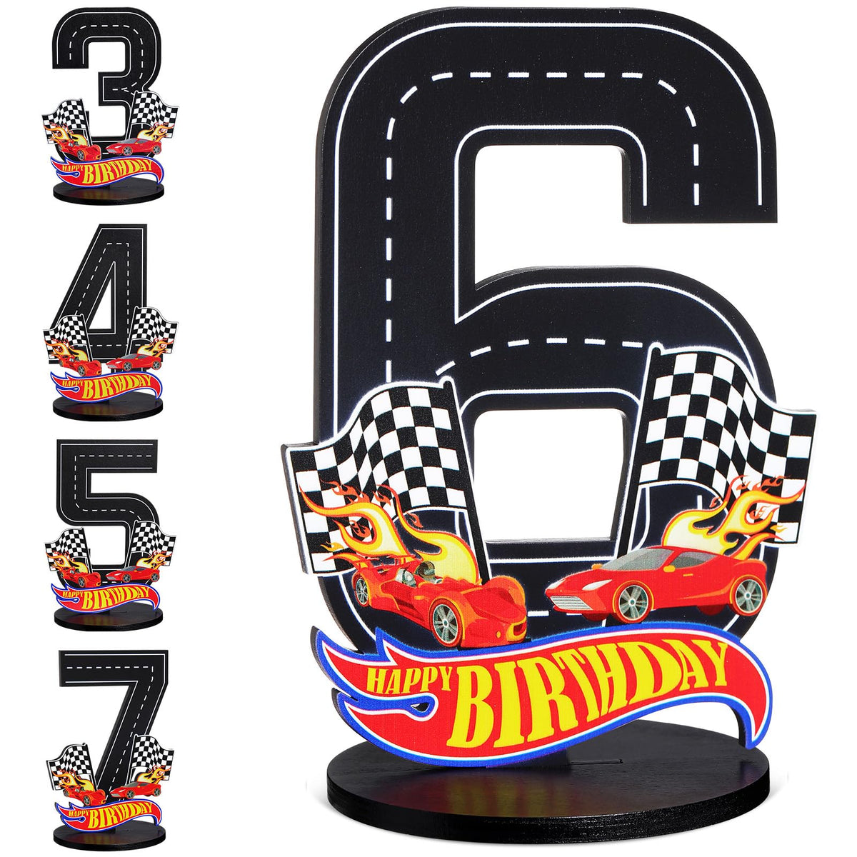 MiniInflat Race Car 6th birthday sign enhances party table photo sessions.