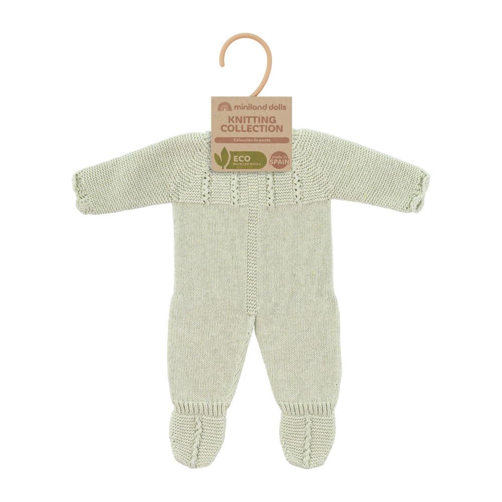 Close-up of Miniland green doll clothes fabric, highlighting ECO materials and durable stitching.
