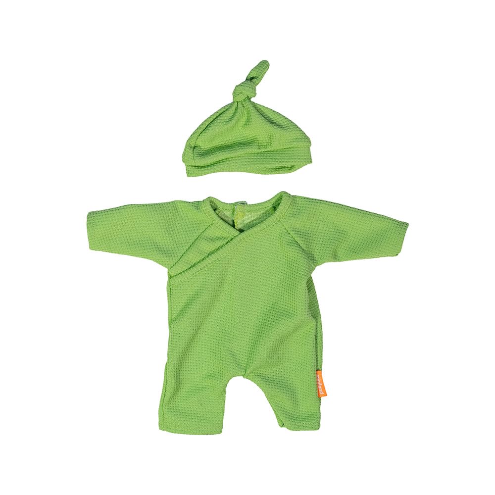 Miniland doll pajamas with green hat provide a cozy fit for bedtime play