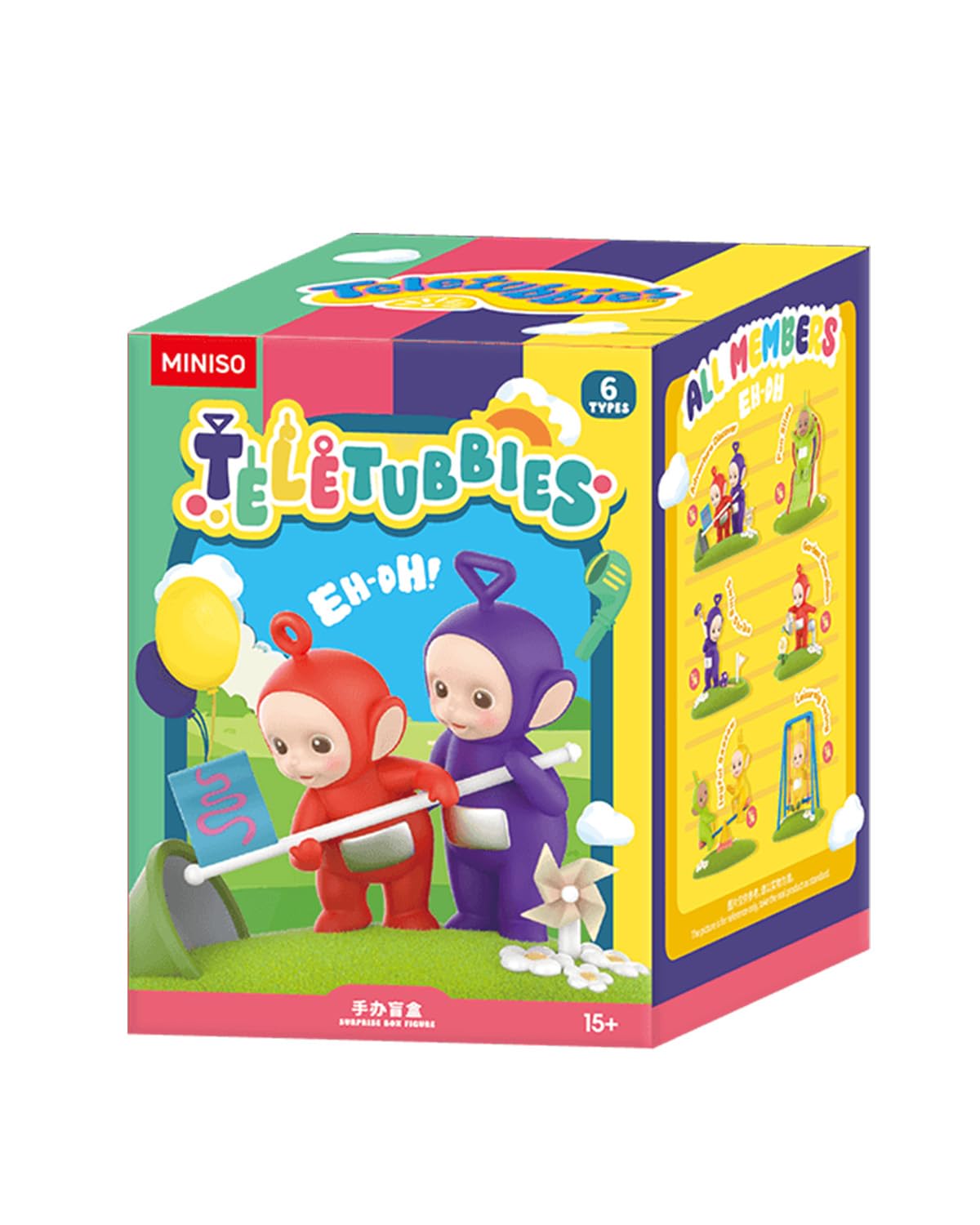 MINISO Teletubbies Island Po seesaw pose enhances shelf display.
