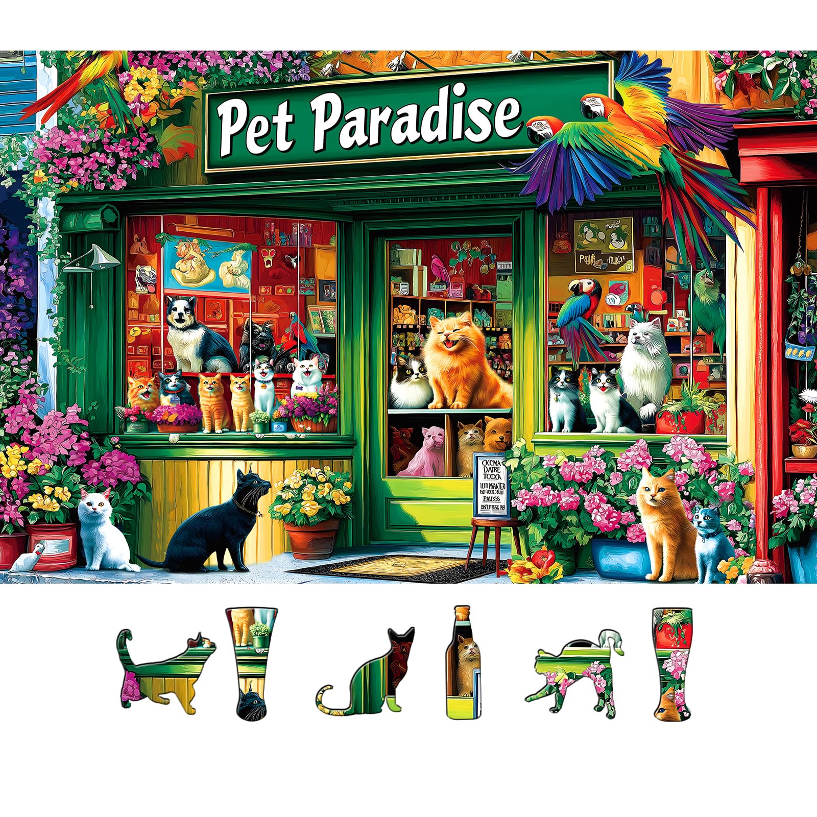 MINIWAN puzzle pet shop scene windows shows cozy cats and parrots for relaxing evenings.
