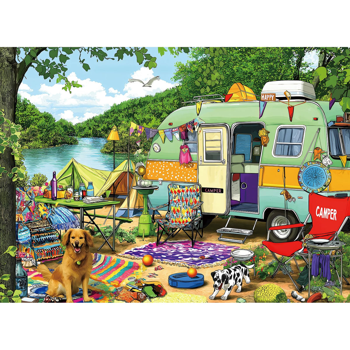 MINIWAN lakeside camping puzzle with vibrant colors for immersive family assembly