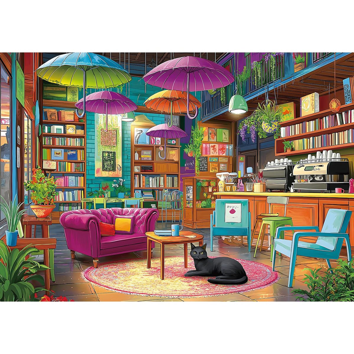 MINIWAN 1000-piece puzzle: cozy book cafe scene for mindful relaxation.