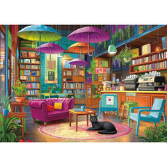 MINIWAN 1000-piece puzzle: cozy book cafe scene for mindful relaxation.