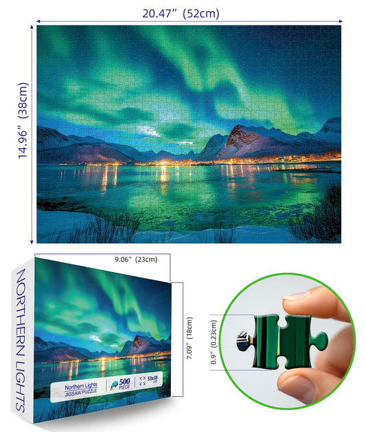 MINIWAN aurora landscape puzzle with 500 pieces and back-printed letters to aid solving.