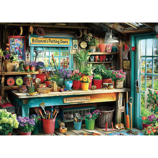 MINIWAN Billionaire's Potting Shed puzzle cover invites relaxed focus for adults.