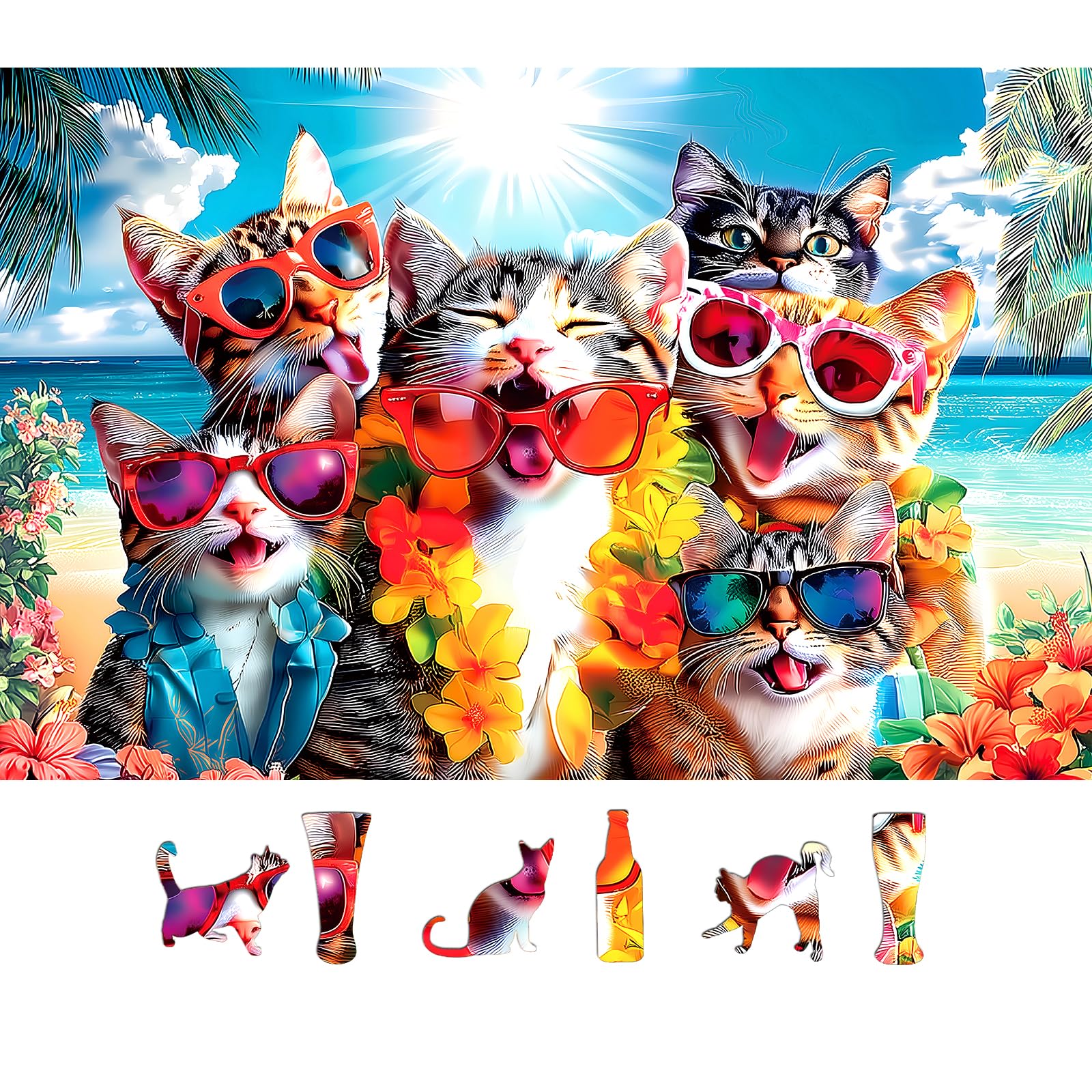 MINIWAN Cat puzzle beach party sunglasses promotes relaxed seaside entertainment.