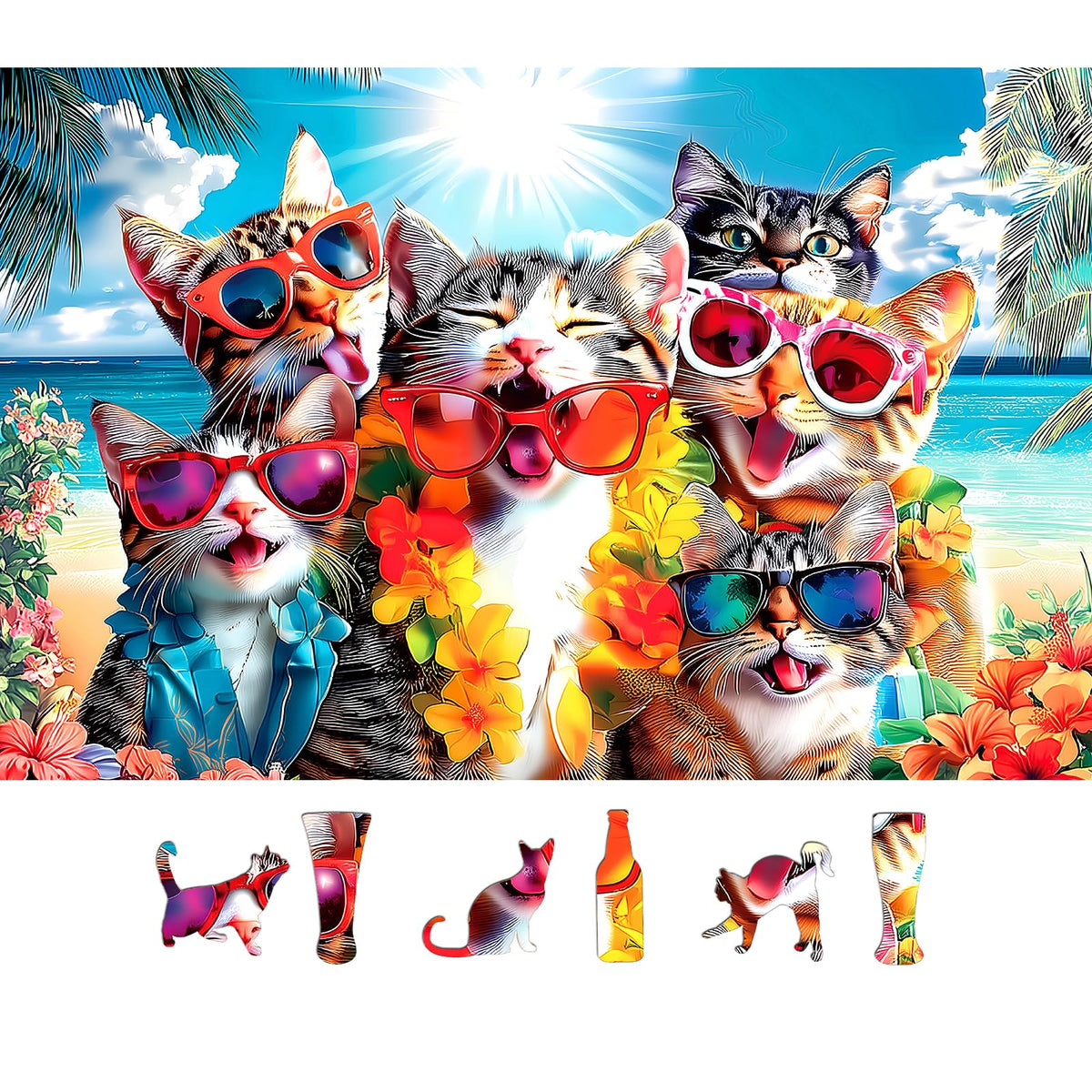 MINIWAN Cat puzzle beach party sunglasses promotes relaxed seaside entertainment.
