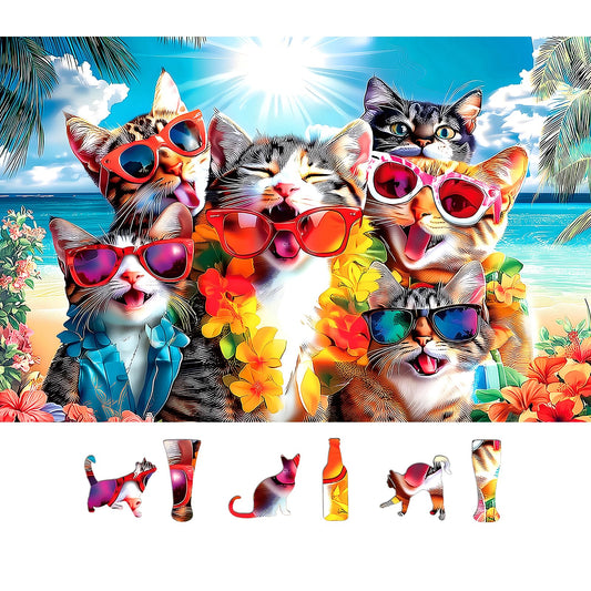 MINIWAN Cat puzzle beach party sunglasses promotes relaxed seaside entertainment.