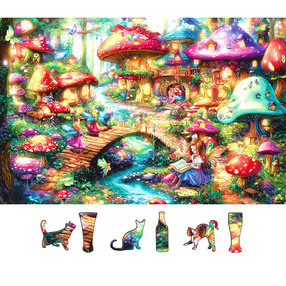 MINIWAN Fairy Tale Mushroom Village puzzle—colorful houses for mindful, relaxing evenings.