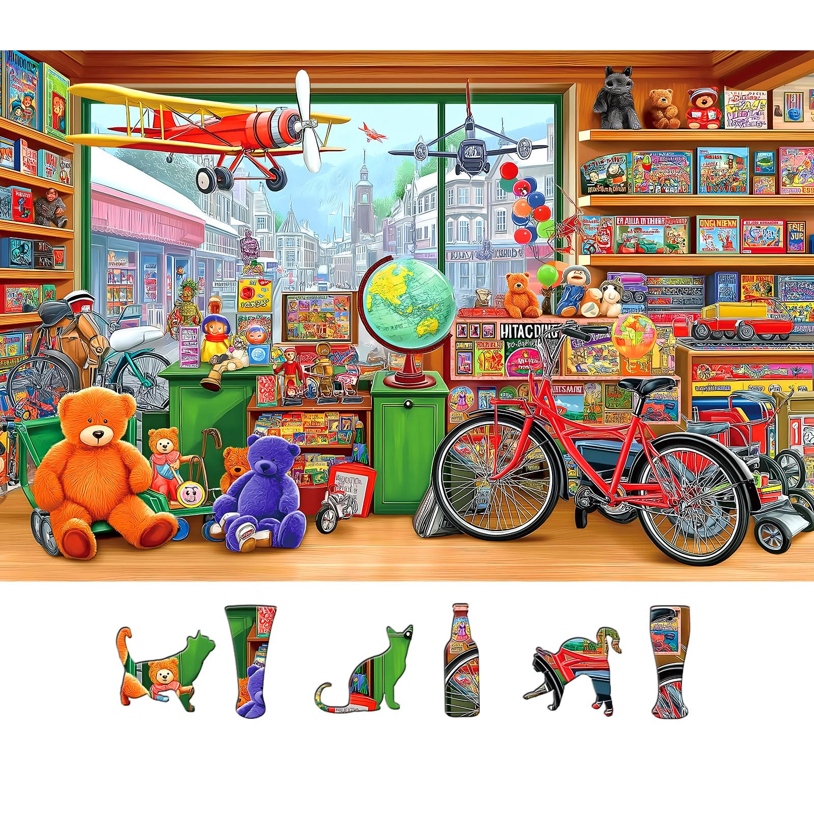MINIWAN fantasy toy store puzzle – vintage shop scene with bears and bicycles, ideal family puzzle night