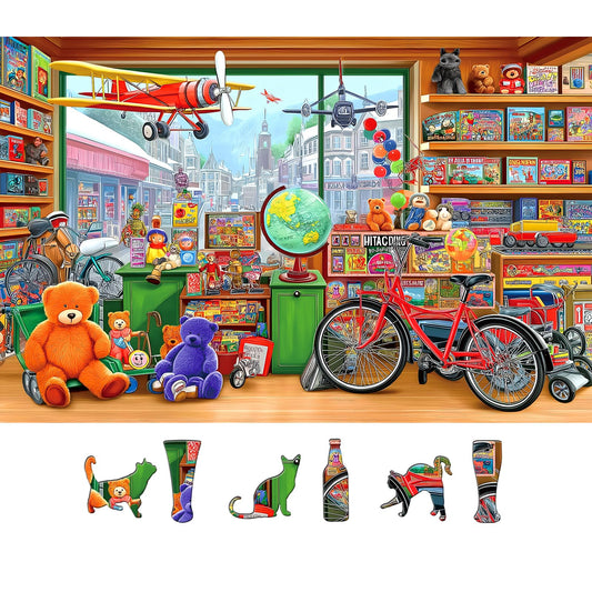 MINIWAN fantasy toy store puzzle – vintage shop scene with bears and bicycles, ideal family puzzle night