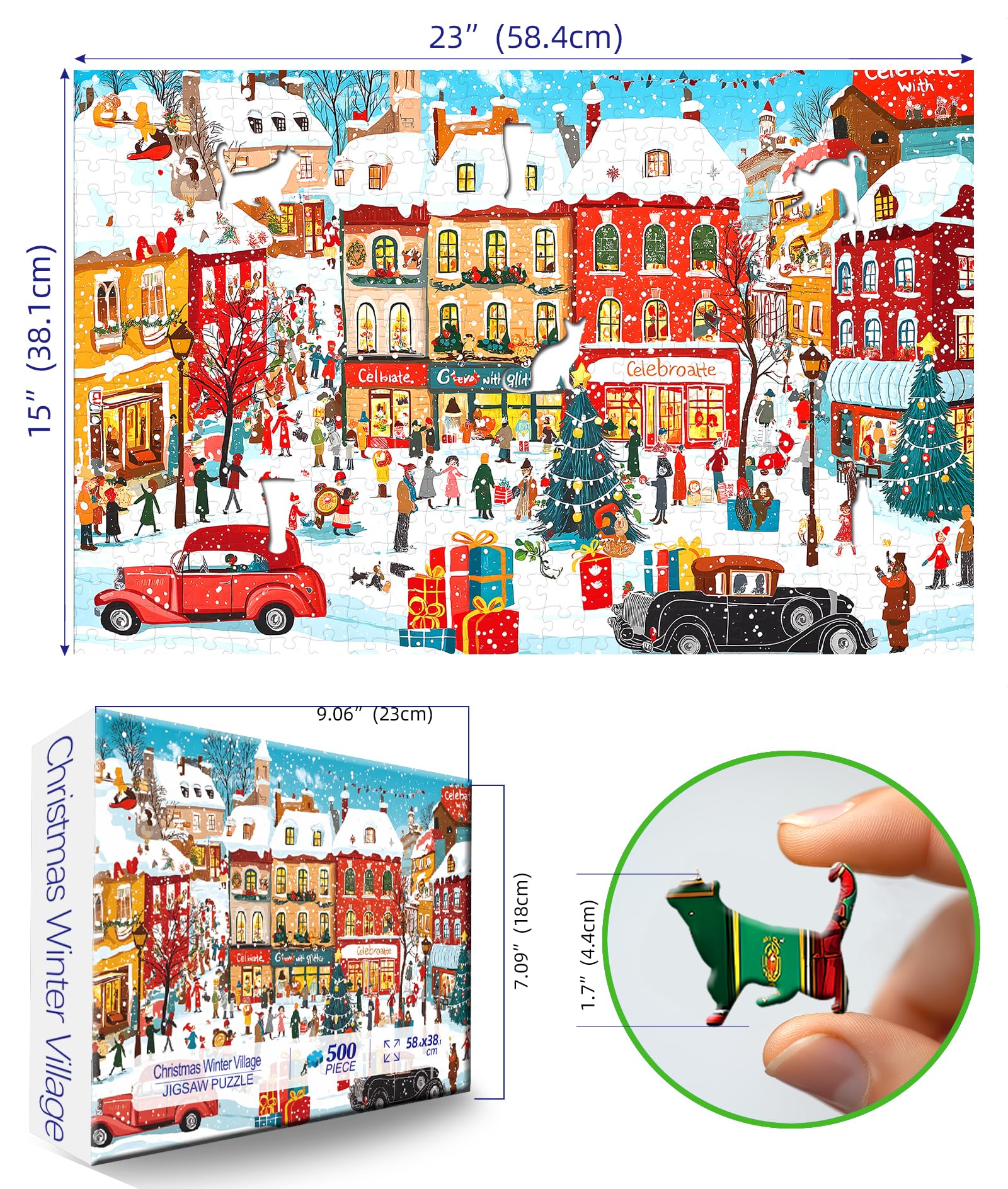 MINIWAN festive shoppers scene – cozy, colorful storefronts, perfect for holiday puzzle fun with loved ones.