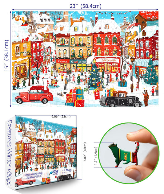 MINIWAN festive shoppers scene – cozy, colorful storefronts, perfect for holiday puzzle fun with loved ones.