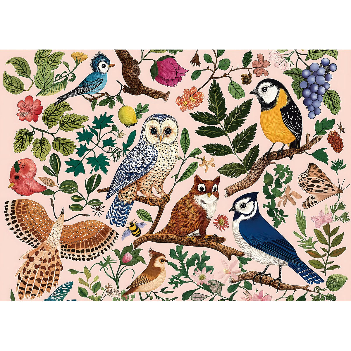 MINIWAN forest birds puzzle box image showing an intricate owl and florals scene.