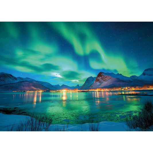 MINIWAN Northern Lights puzzle shows vibrant aurora over snowy mountains for cozy evenings.