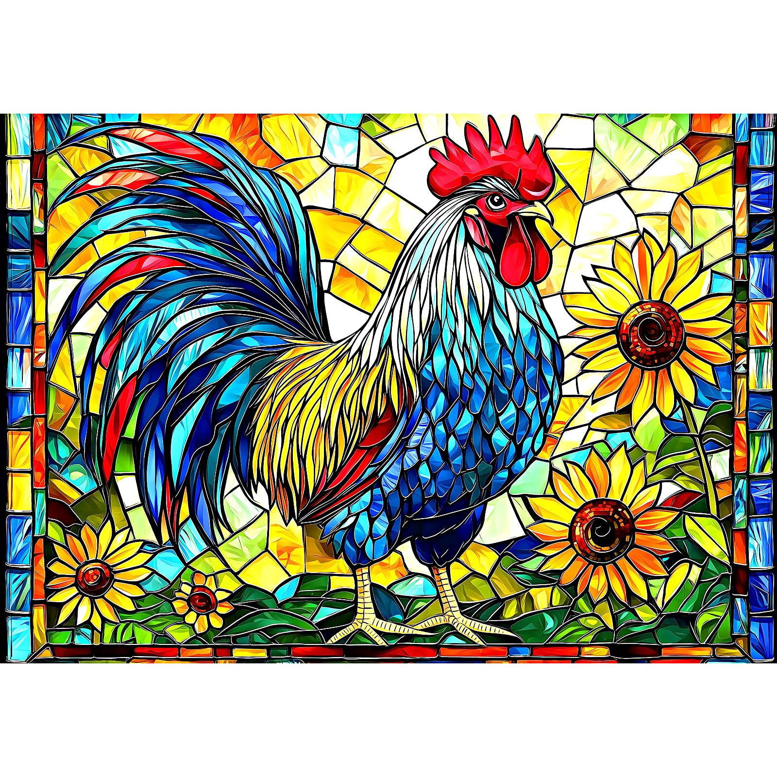 MINIWAN stained glass rooster puzzle cover shows vibrant mosaic for focused relaxation
