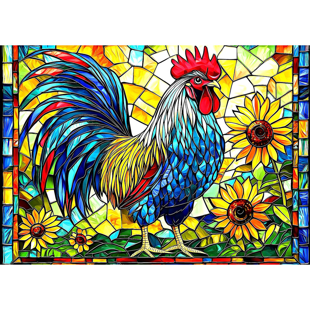 MINIWAN stained glass rooster puzzle cover shows vibrant mosaic for focused relaxation