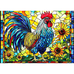 MINIWAN stained glass rooster puzzle cover shows vibrant mosaic for focused relaxation